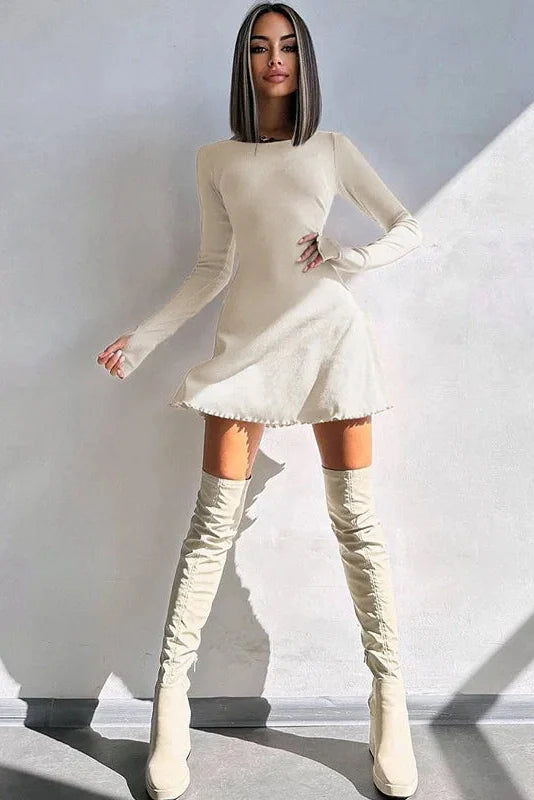 Long Sleeve O Neck Lace-up Mini Dress
