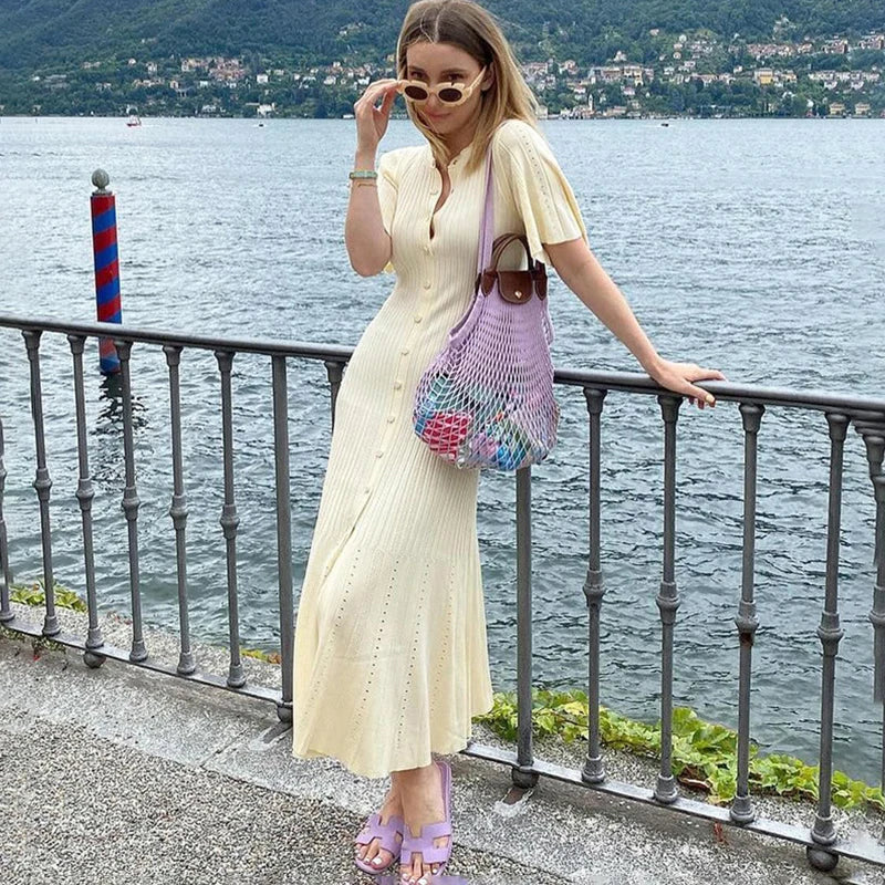 O-Neck Short Sleeve Single Breasted Slim Midi Dress