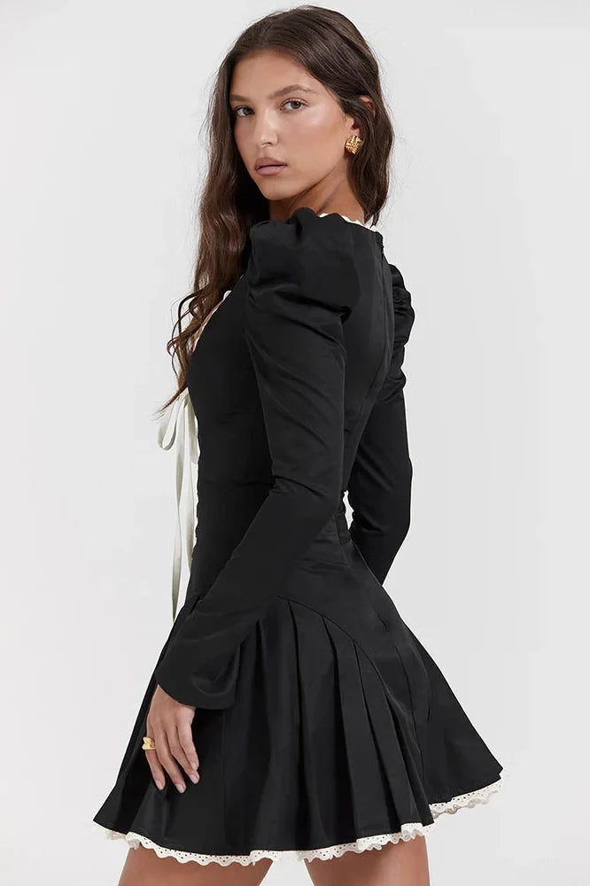 Lace Bandage Square Collar Puff Sleeve Mini Dress