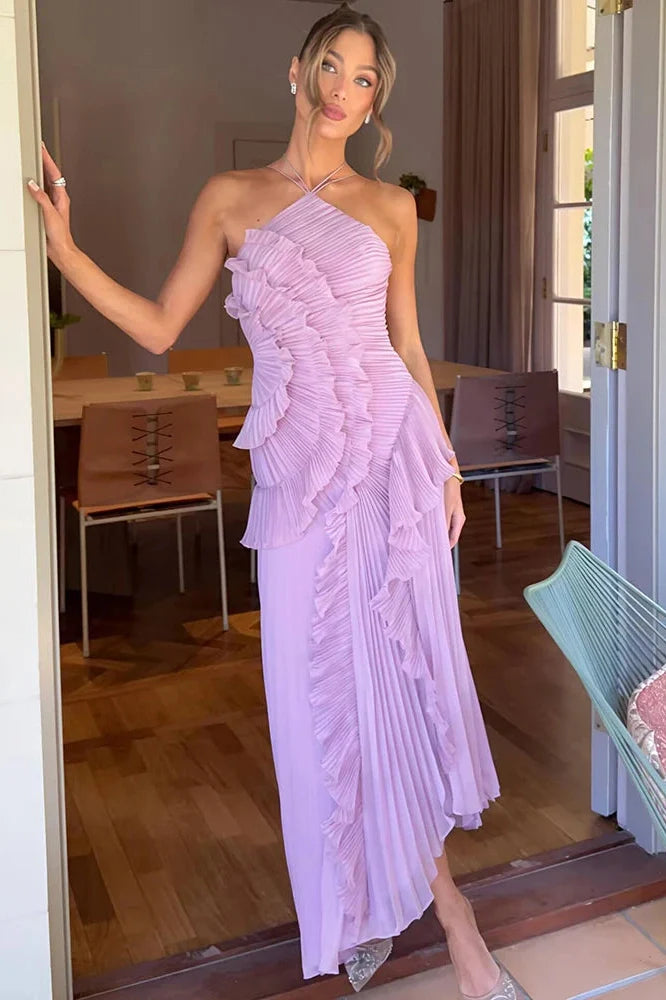 Off-Shoulder Sleeveless Backless Pleated Maxi Dress