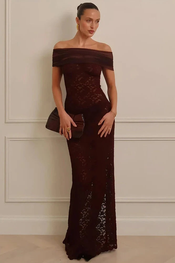 Lace Off-Shoulder See Through Strapless Sleeveless Split Bodycon Maxi Dress