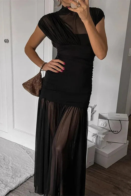Elegant Pleated Slim Sleeveless Turtleneck Maxi Dress