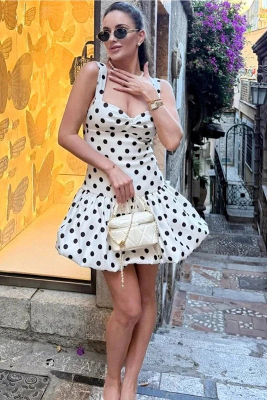 Polka Dot V-Neck Sleeveless Backless Slim Mini Dress