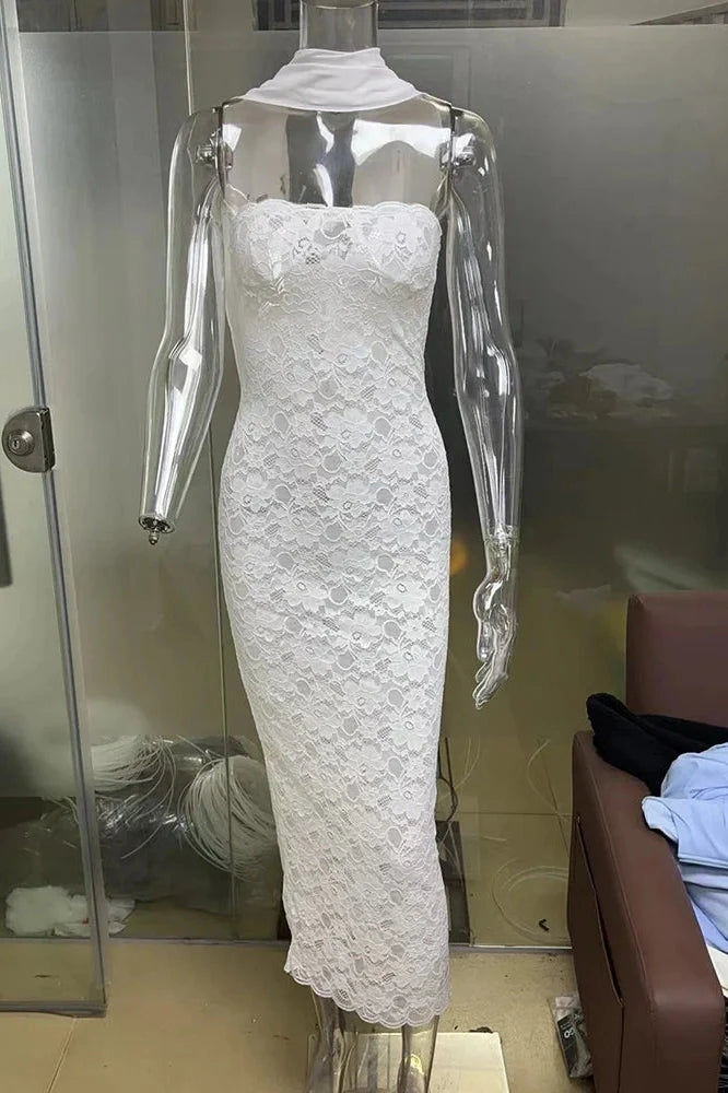 Lace See Through Off-shoulder Strapless Sleeveless Midi Dress