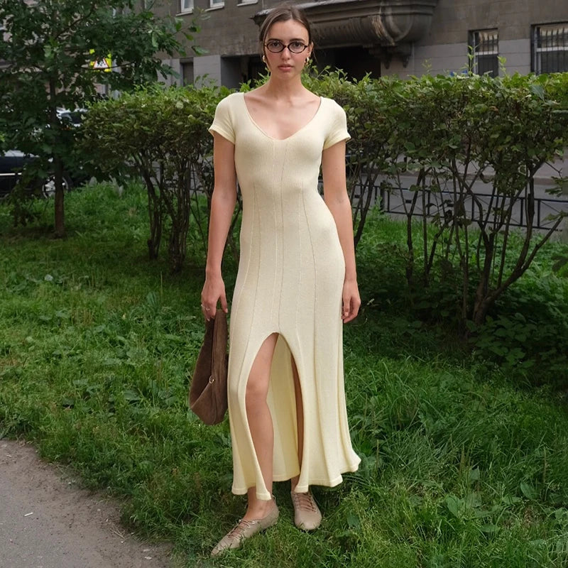 Knitted V-Neck Slit Short Sleeve Slim Maxi Dress