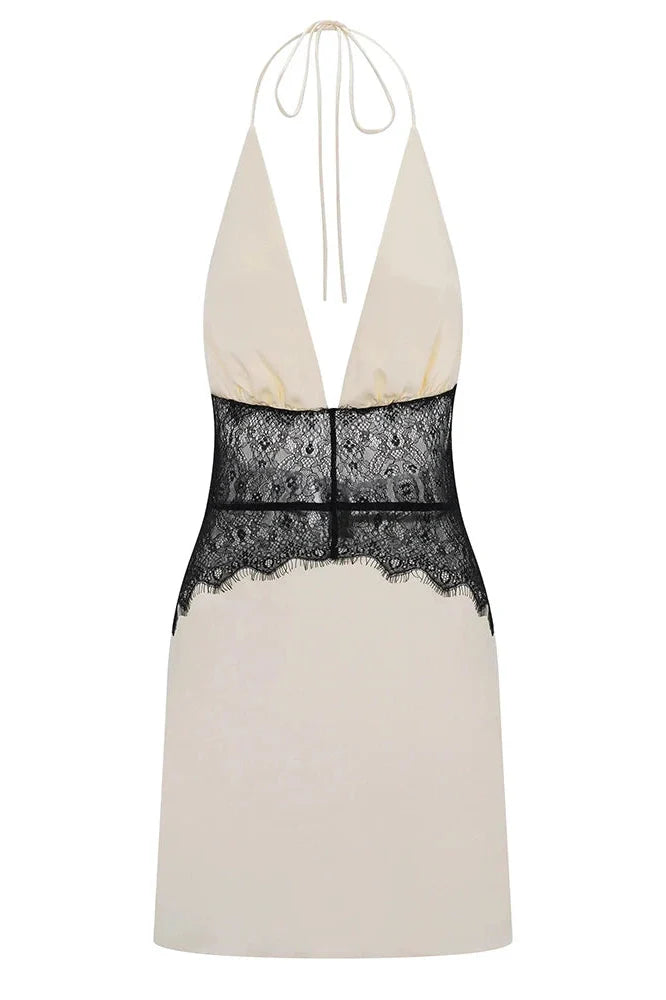 Lace Patchwork V Neck Sleeveless Backless High Waist Mini Dress
