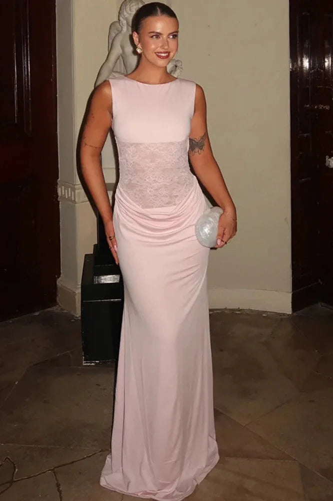 Backless Sleeveless Lace Patchwork High Waist Bodycon Maxi Dress