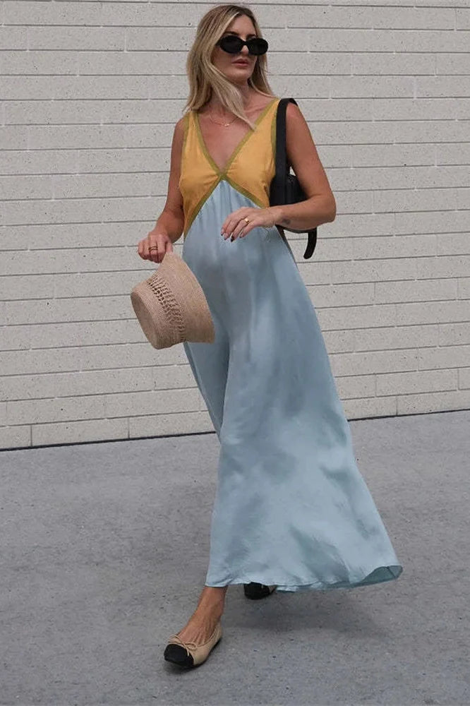 Patchwork V-Neck Strapless Sleeveless Slim Maxi Dress