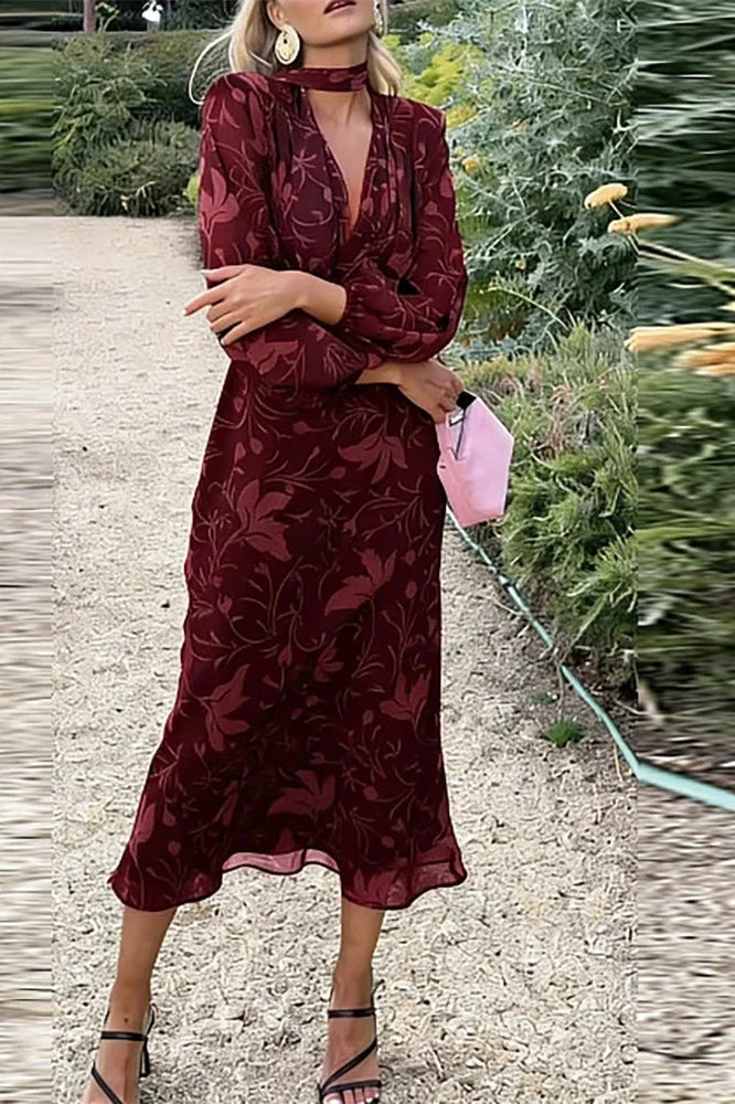 V-Neck Printed Long Sleeve Pleated Slim Midi Dress