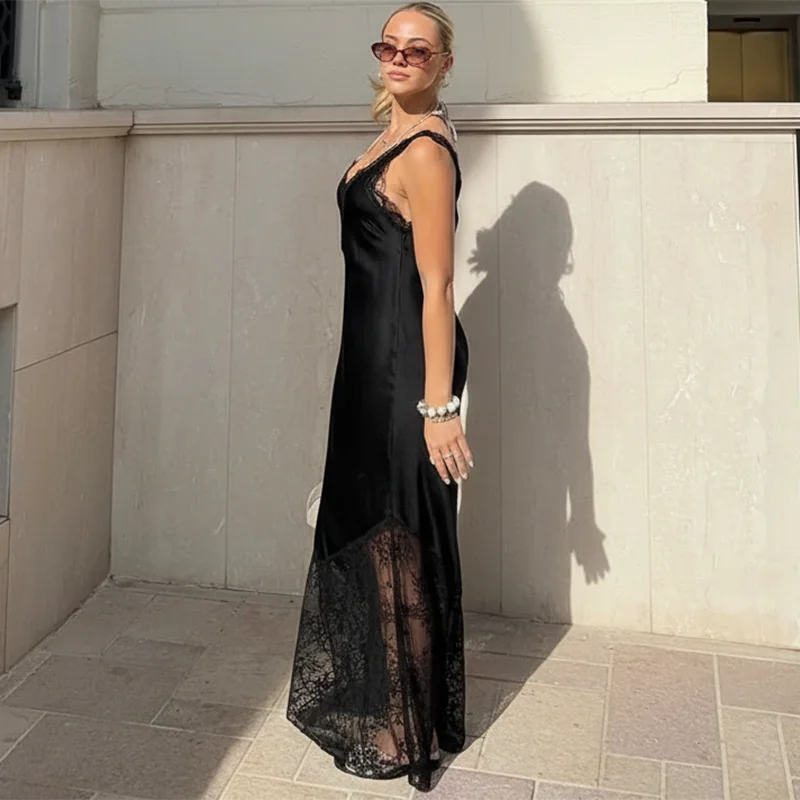 Spaghetti Strap Lace Backless Slim Maxi Dress