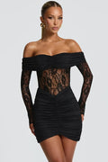 Off-Shoulder Strapless Lace See Through Long Sleeve Mini Dress