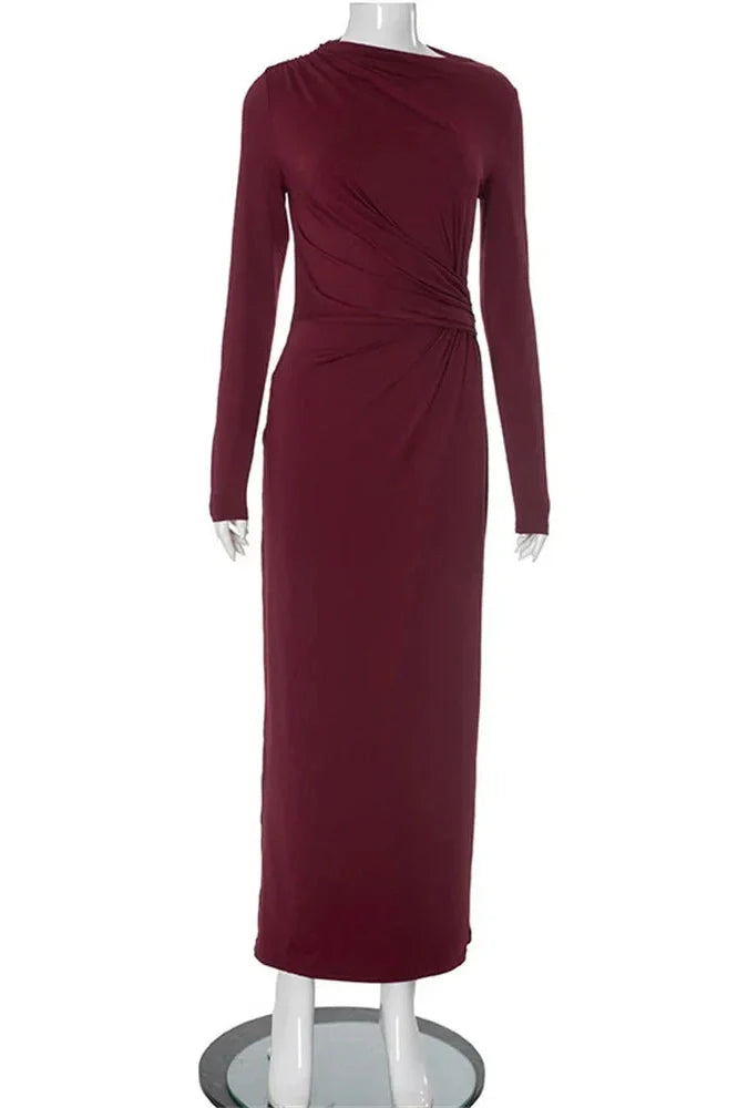 Pleated Slim High Waist Long Sleeve Patchwork Maxi Dress