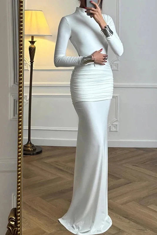 Elegant Slim Turtleneck Long Sleeve Backless Pleated High Waist Maxi Dress