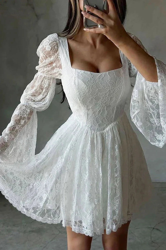 Elegant Pleated Square Collar Flare Sleeve Lace High Waist Mini Dress