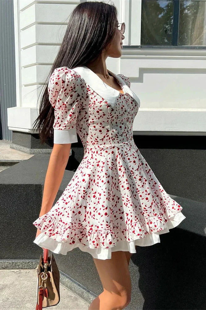 V-Neck Printed Short Sleeve High Waist Mini Dress