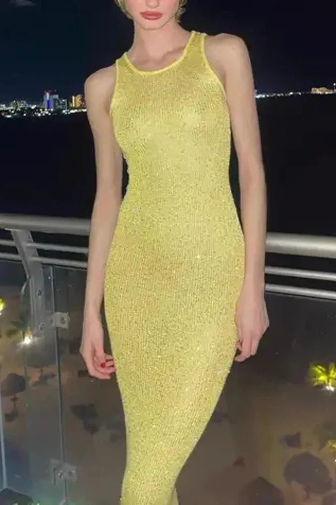 Elegant Slim Backless See-Through Patchwork Maxi Dress