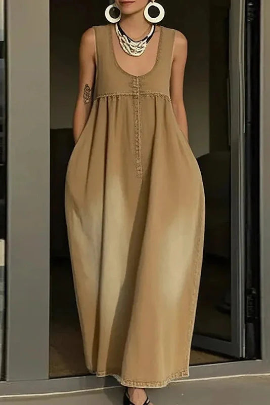 Backless U-Collar Sleeveless Loose Maxi Dress