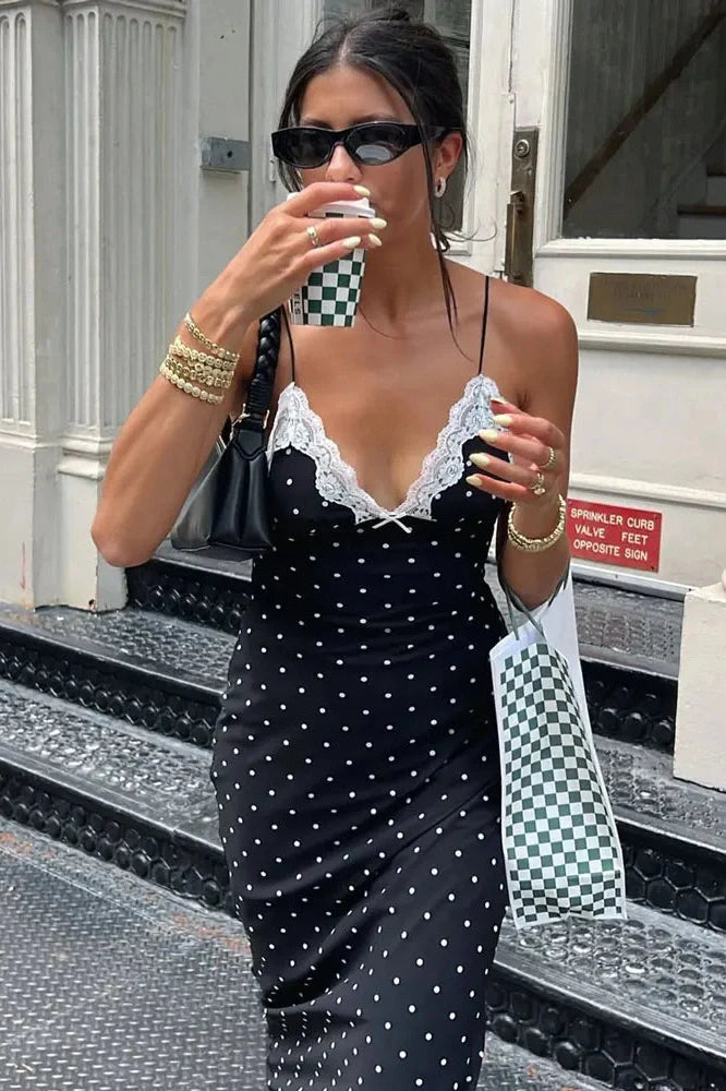 Lace V-Neck Patchwork High Waist Slim Maxi Dress