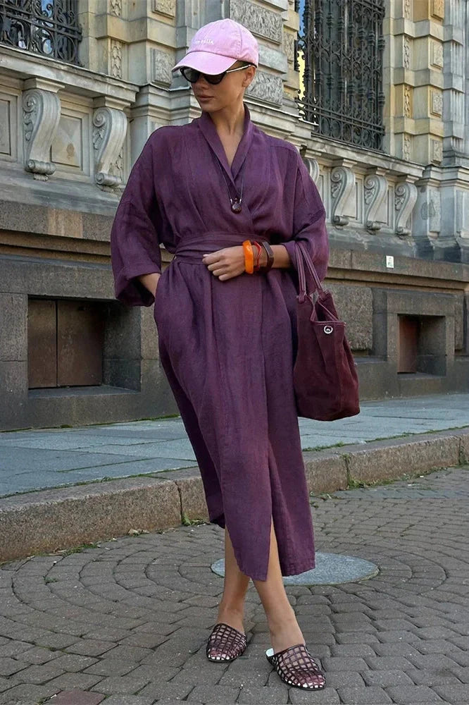 Lace-Up High Waist V-Neck Midi Dress
