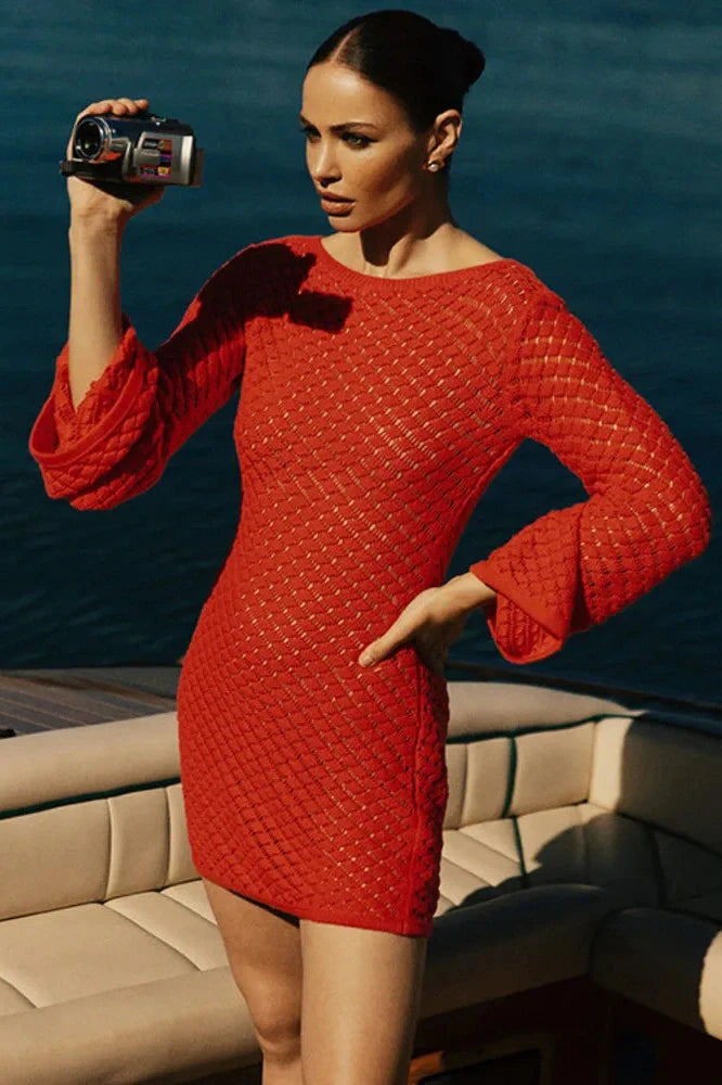 Backless Long Sleeve Knit See Through Mini Dress