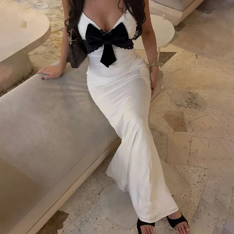 V Neck Lace Bow Sling Patchwork Maxi Dress