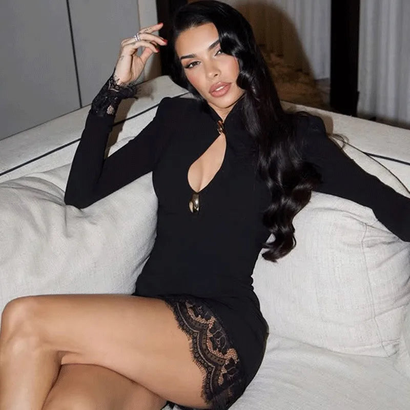 Hollow Out Lace Patchwork High Waist Mini Dress