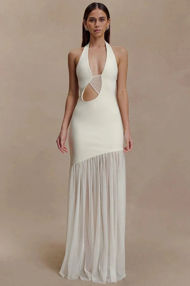 Hollow Out Backless Patchwork V Neck Sleeveless Bodycon Maxi Dress
