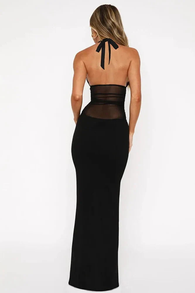 See Through Deep V Neck Sleeveless Backless Bodycon Maxi Dress