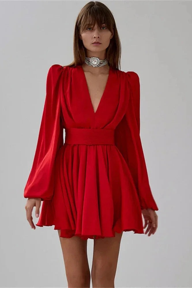 V-Neck High Waist Slim Lace-Up Mini Dress