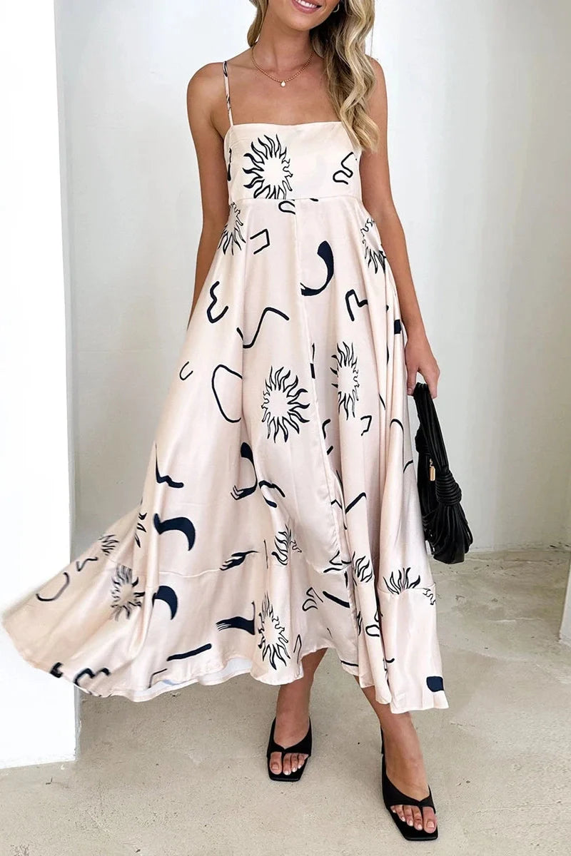 Printed Spaghetti Strap Backless A-Line Maxi Dress