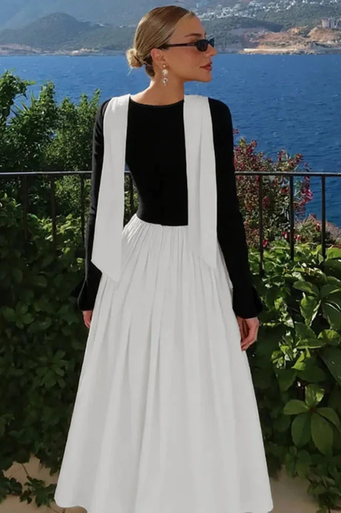 Patchwork Long Sleeve O Neck Pleated Maxi Dress