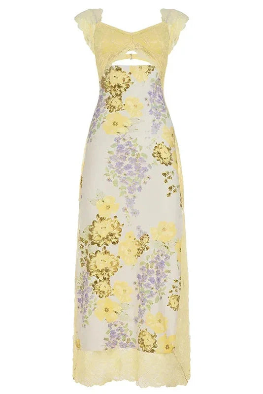 Printed Split Lace Sleeveless Backless Irregular Maxi Dress