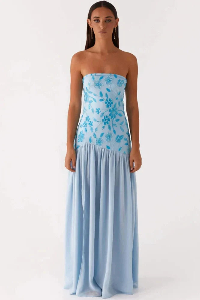 Off-Shoulder Split Print Strapless Backless Pleated Maxi Dress