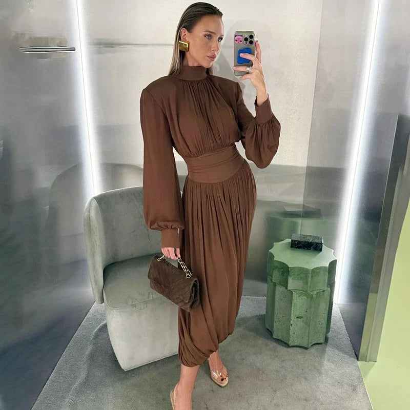 Elegant Half High Neck High Waisted Patchwork Maxi Dress