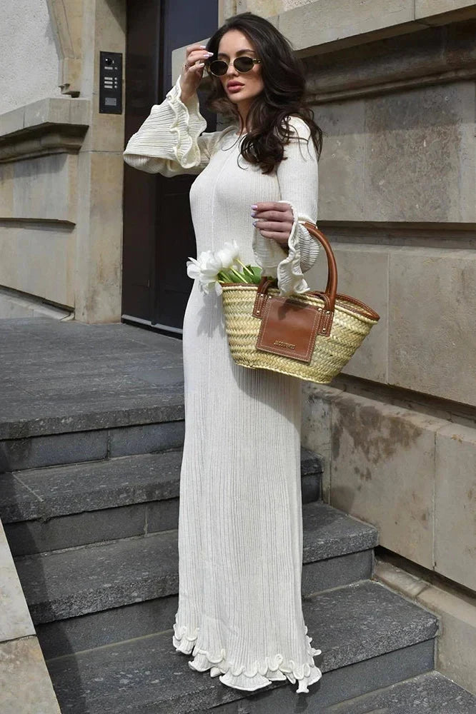 Elegant Pleated Knit Lace-Up Long Sleeve Loose Maxi Dress