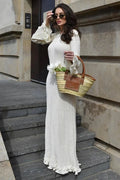 Elegant Pleated Knit Lace-Up Long Sleeve Loose Maxi Dress