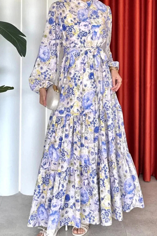Printed Pleated Long Sleeve High Waist Button A-Line Maxi Dress