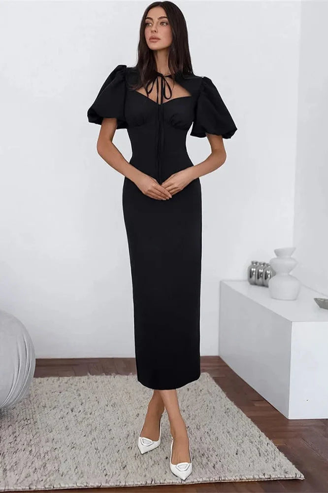 Lace-Up Slim Short Sleeve High Waist Patchwork Midi Dress