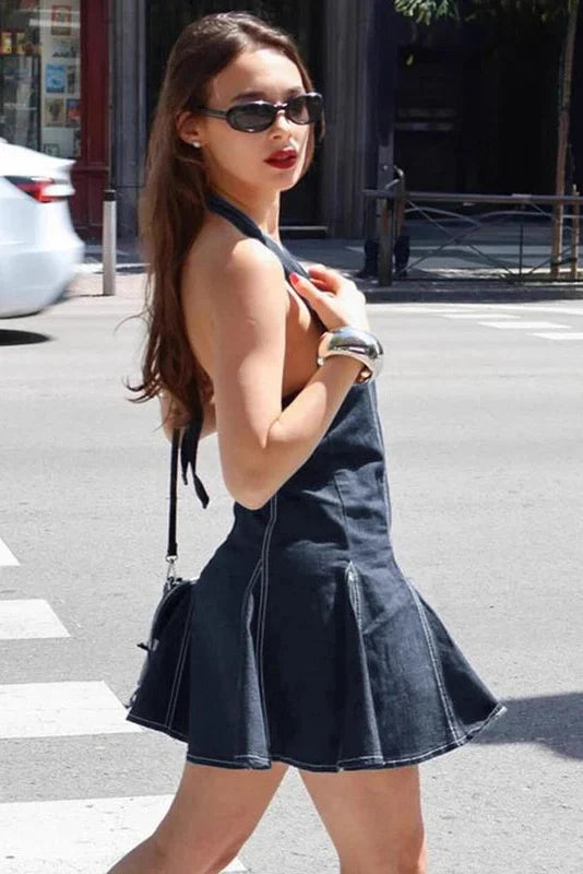 Elegant Pleated Sleeveless Backless Slim Mini Dress