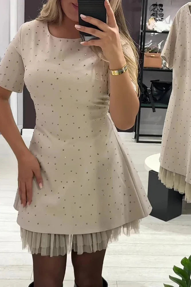 Elegant O-Neck High Waist A-Line Short Sleeve Pleat Mini Dress