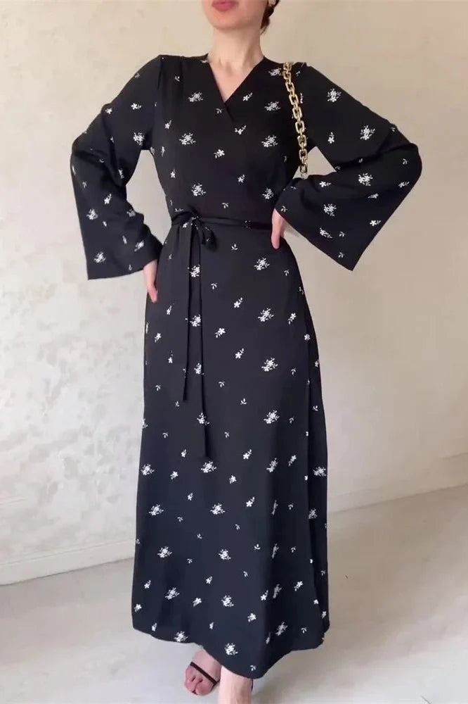 Printed V-Neck Patchwork High Waist Lace-Up Maxi Dress