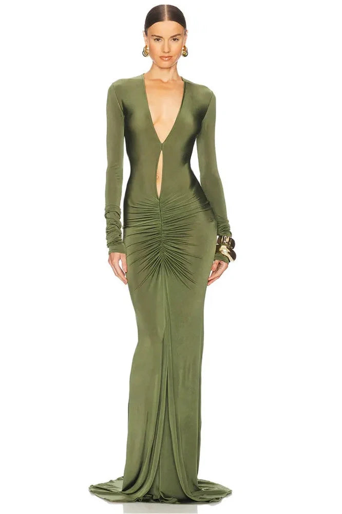 Hollow Out Long Sleeve Deep V Neck Bodycon Maxi Dress
