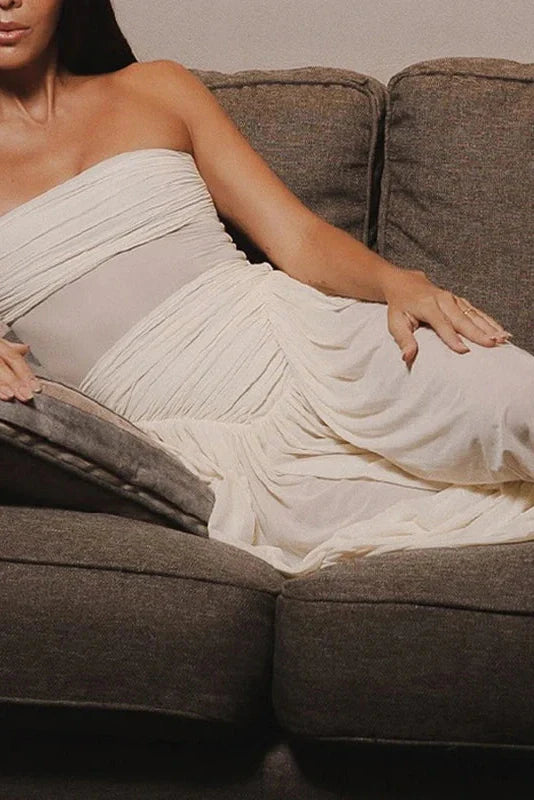 Off-Shoulder High Waist Slim Pleated Maxi Dress