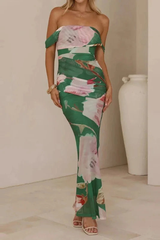 Sleeveless High Waist Slash Collar Printed Maxi Dress