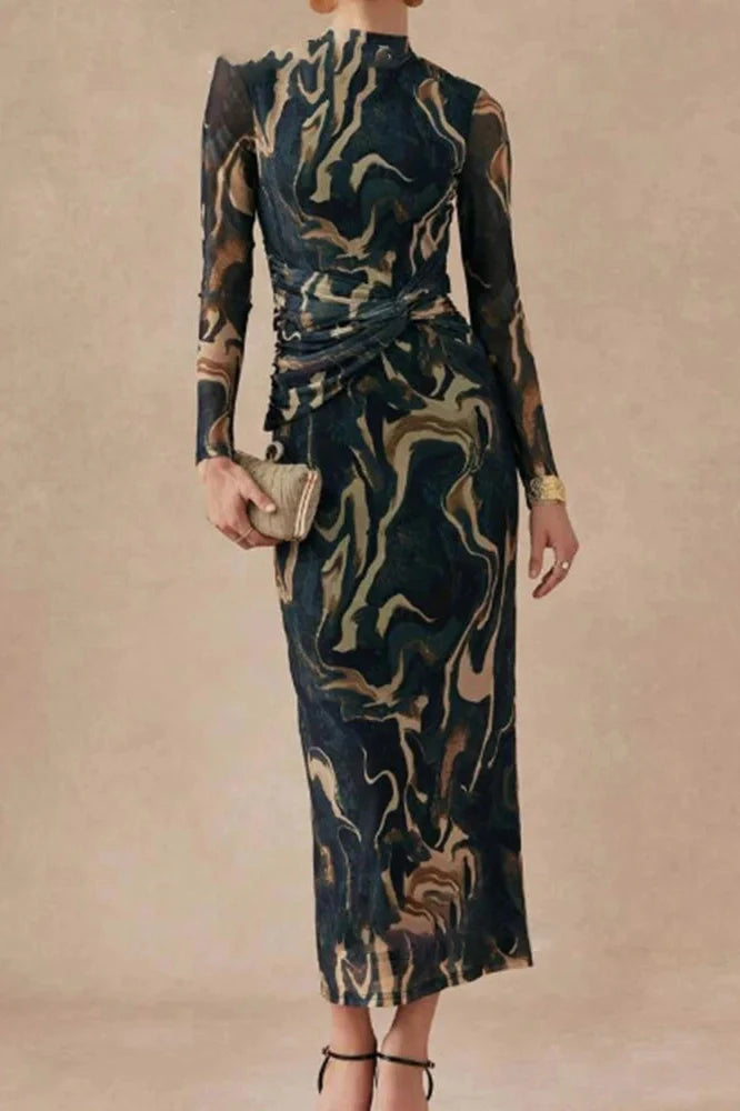 Printed Slim O-Neck Long Sleeve High Waist Maxi Dress