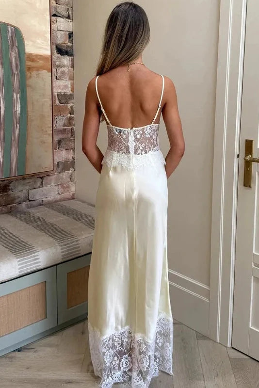 Hollow-Out Lace Deep V-Neck Backless Slim Straps Maxi Dress
