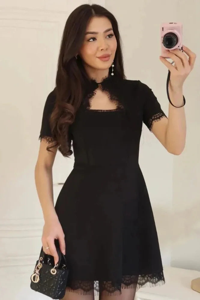 Lace Hollow Out Patchwork Short Sleeve Printed Mini Dress