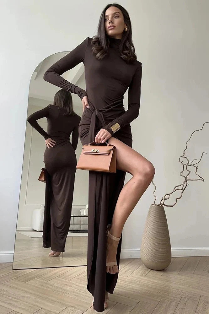 Turtleneck Long Sleeve High Split Maxi Dress