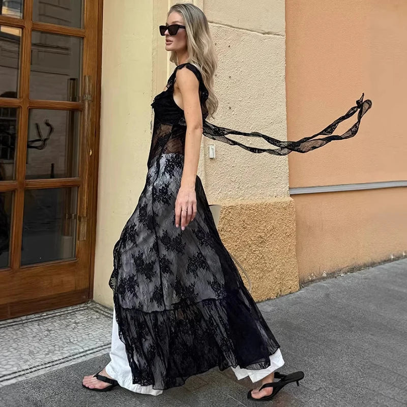 Lace See Through Slit Slim Maxi Dress