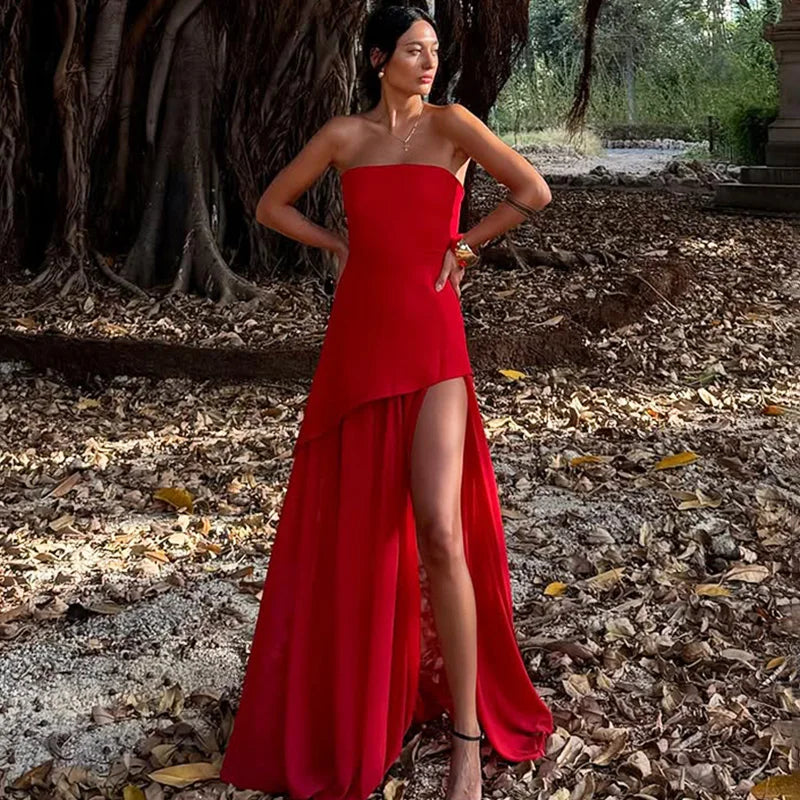Elegant Strapless Scarf Ribbon Patchwork Maxi Dress